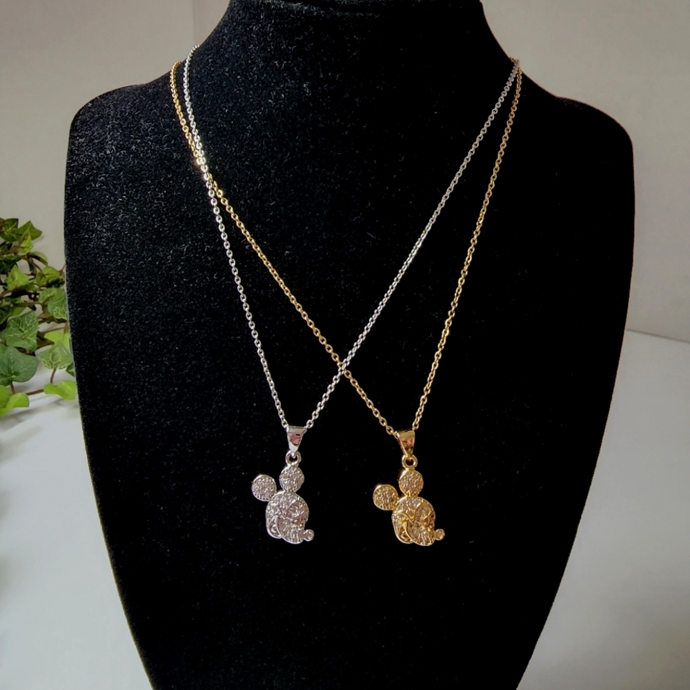 Mickey Mouse Head Pendant Gold / Silver with Crystals & Chain Necklace New